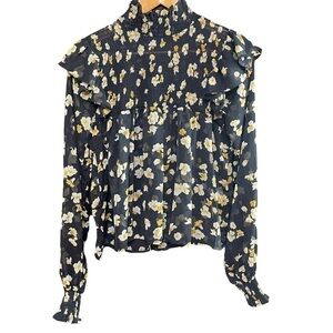 OPT Blouse Prairie Sheer  Ruffle Trim Black Yellow Floral Cottagecore Size Small